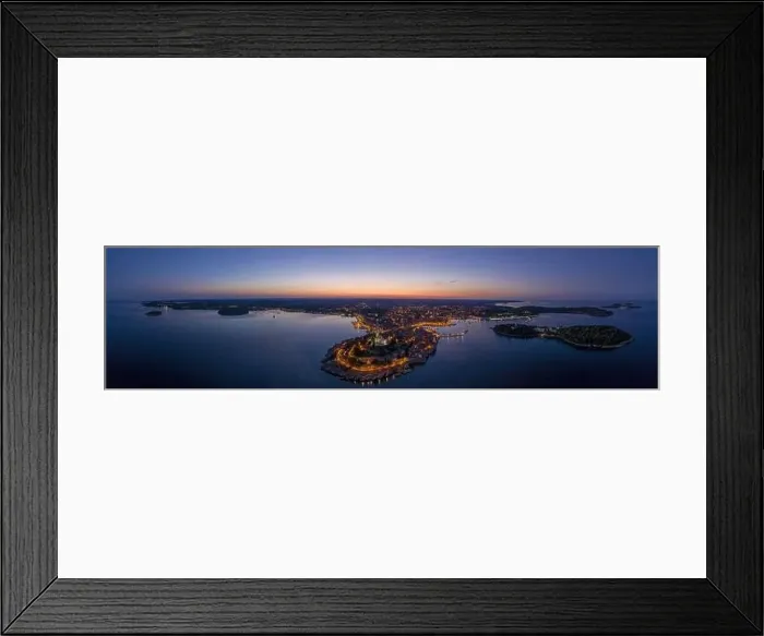 Framed Print : Panoramic aerial drone picture of the historic city Rovinj in Croatia during sunrise in summer