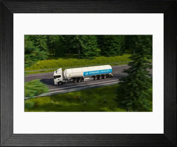 Framed Print : Truck with Hydrogen gas tank trailer on the road. New Energy Hydrogen gas transportation concept image Framed Print : Truck with Hydrogen gas tank trailer on the road. New Energy Hydrogen gas transportation concept image