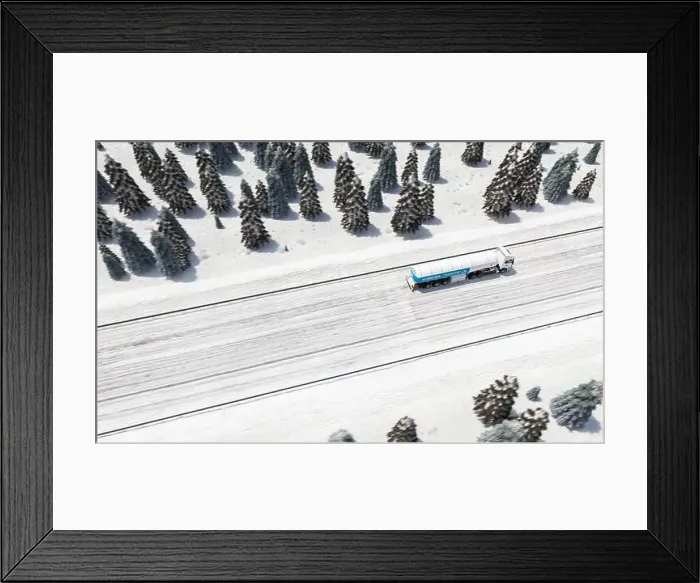 Framed Print : Truck with Hydrogen gas tank trailer on a winter road. New Energy Hydrogen gas transportation, drone shot Framed Print : Truck with Hydrogen gas tank trailer on a winter road. New Energy Hydrogen gas transportation, drone shot