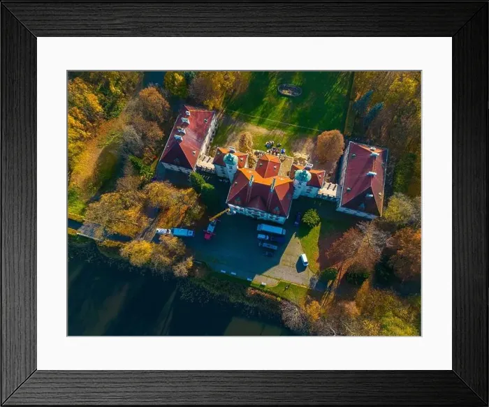 Framed Print : Aerial View of the Palace. Castle by Lake With Nice Garden, Drone Shot. Sunny Autumn Day Framed Print : Aerial View of the Palace. Castle by Lake With Nice Garden, Drone Shot. Sunny Autumn Day