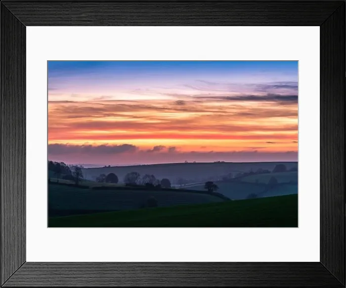 Framed Print : BLUE HOUR over fields and farms from a drone, Devon, England, Europe Framed Print : BLUE HOUR over fields and farms from a drone, Devon, England, Europe