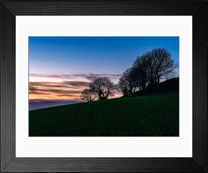 Framed Print : BLUE HOUR over fields and farms from a drone, Devon, England, Europe Framed Print : BLUE HOUR over fields and farms from a drone, Devon, England, Europe