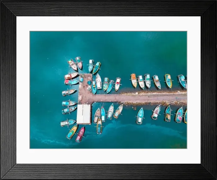 Framed Print : Aerial View Top down Multi colour Fishing boats parking Framed Print : Aerial View Top down Multi colour Fishing boats parking