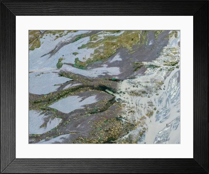 Framed Print : Aerial view of rivers and creeks flowing to Embalse de Yeso in Cajon del Maipo near Santiago de Chile