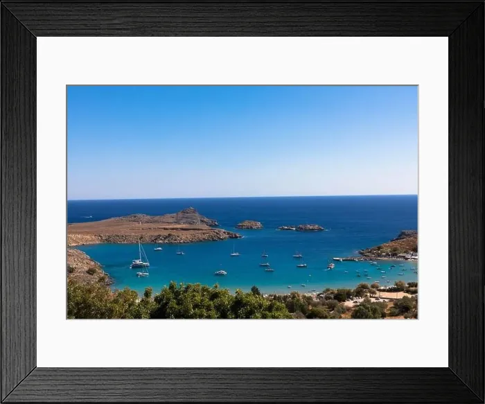 Framed Print : Aerial view from stunning bay and Vlycha Beach in Lindos on the island of Rhodes Framed Print : Aerial view from stunning bay and Vlycha Beach in Lindos on the island of Rhodes