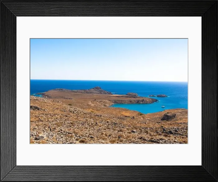 Framed Print : Aerial view from stunning bay and Vlycha Beach in Lindos on the island of Rhodes Framed Print : Aerial view from stunning bay and Vlycha Beach in Lindos on the island of Rhodes