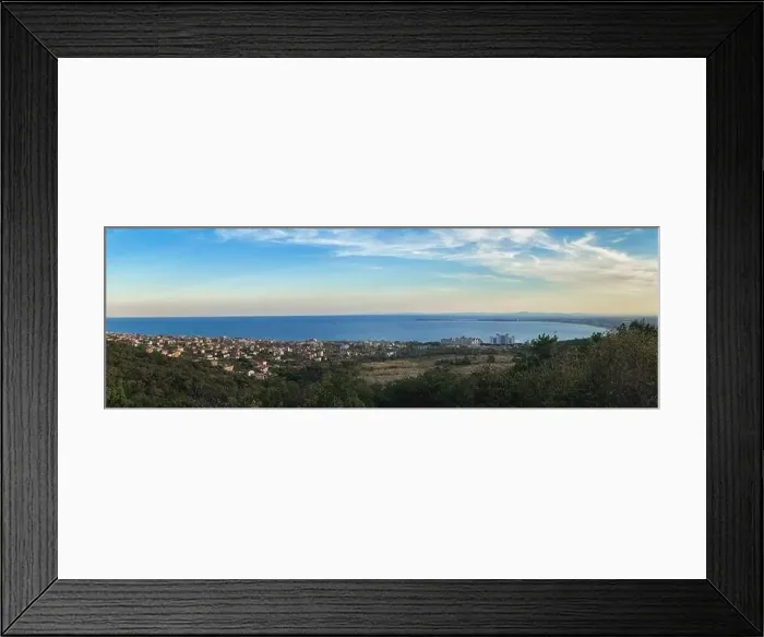 Framed Print : Sea panorama from mountain to town of Nessebar in Bulgaria Framed Print : Sea panorama from mountain to town of Nessebar in Bulgaria