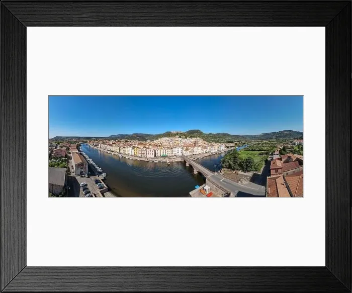 Framed Print : Drone view at the village of Bosa on Sardinia in Italy