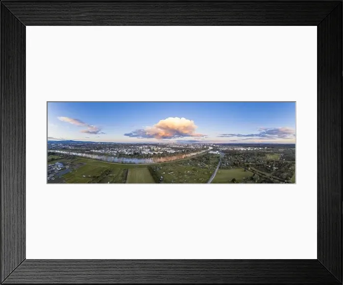 Framed Print : Aerial panoramic picture of river Main and the Frankfurt skyline during sunset in afterglow Framed Print : Aerial panoramic picture of river Main and the Frankfurt skyline during sunset in afterglow