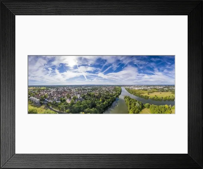 Framed Print : Aerial drone picture of the historical city of Steinheim near Hanau at river Main in Germany during daytime Framed Print : Aerial drone picture of the historical city of Steinheim near Hanau at river Main in Germany during daytime