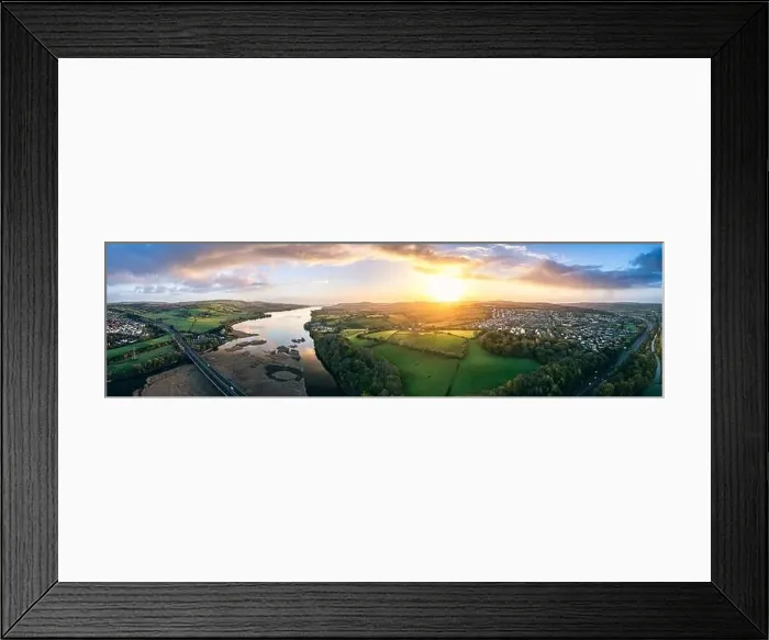 Framed Print : Panorama of Sunrise over Newton Abbot Bridge and River Teign from a drone, Newton Abbot, Devon, England, Europe Framed Print : Panorama of Sunrise over Newton Abbot Bridge and River Teign from a drone, Newton Abbot, Devon, England, Europe