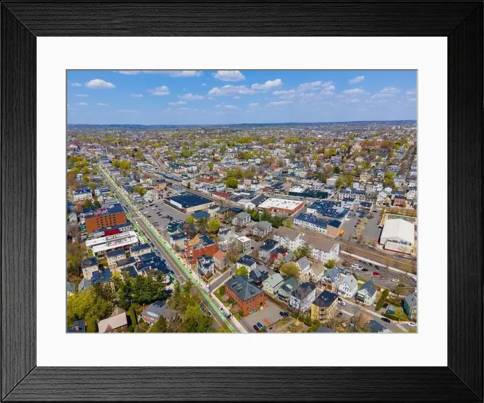 Framed Print : Somerville city center aerial view on Beacon Street in spring, city of Somerville, Massachusetts MA, USA Framed Print : Somerville city center aerial view on Beacon Street in spring, city of Somerville, Massachusetts MA, USA