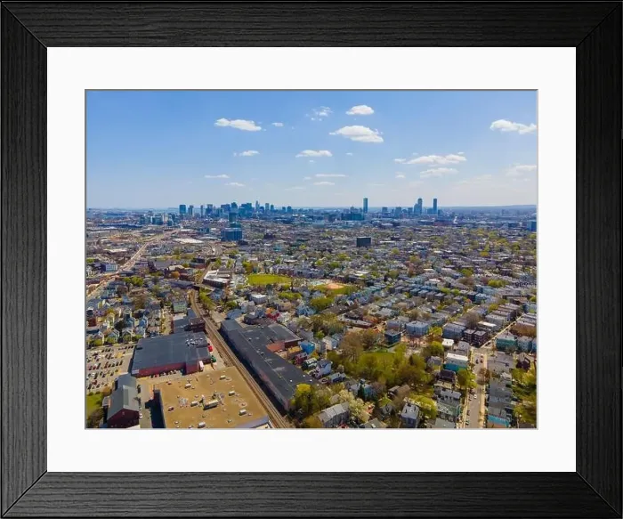 Framed Print : Somerville city center aerial view on Somerville Avenue with Boston skyline at the background in spring Framed Print : Somerville city center aerial view on Somerville Avenue with Boston skyline at the background in spring