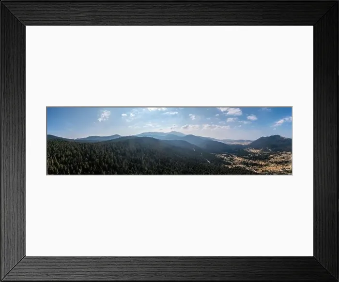 Framed Print : Fir forest landscape Parnassos Mountain wide panorama aerial drone view, blue cloudy sky