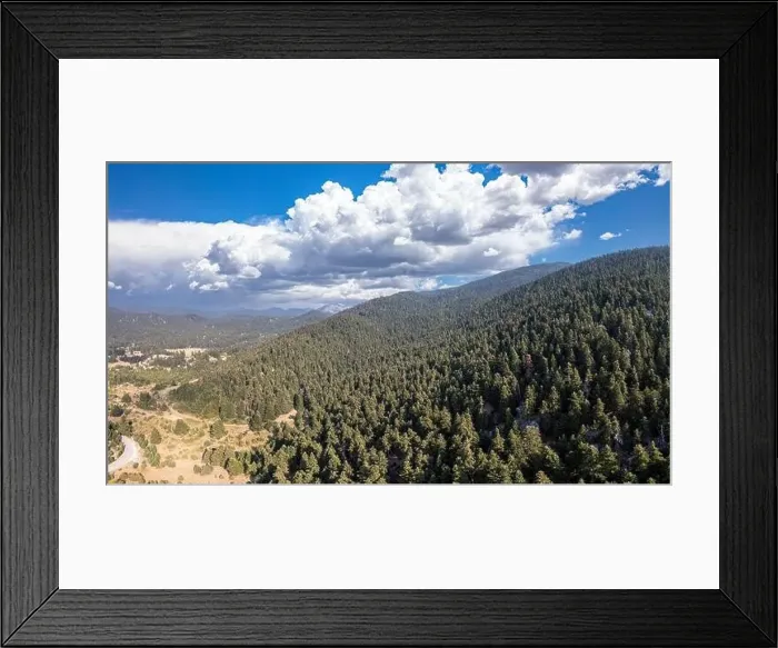 Framed Print : Fir forest landscape Parnassos Mountain panoramic aerial drone view, blue cloudy sky Framed Print : Fir forest landscape Parnassos Mountain panoramic aerial drone view, blue cloudy sky