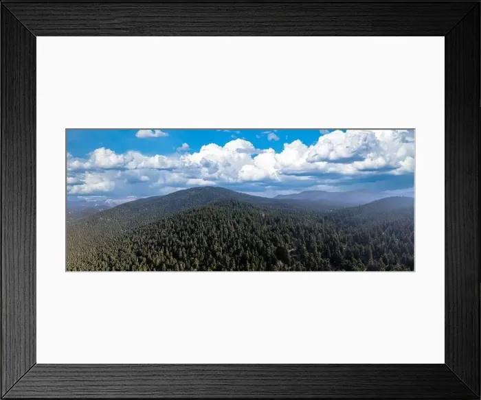 Framed Print : Fir forest landscape Parnassos Mountain panoramic aerial drone view, blue cloudy sky Framed Print : Fir forest landscape Parnassos Mountain panoramic aerial drone view, blue cloudy sky