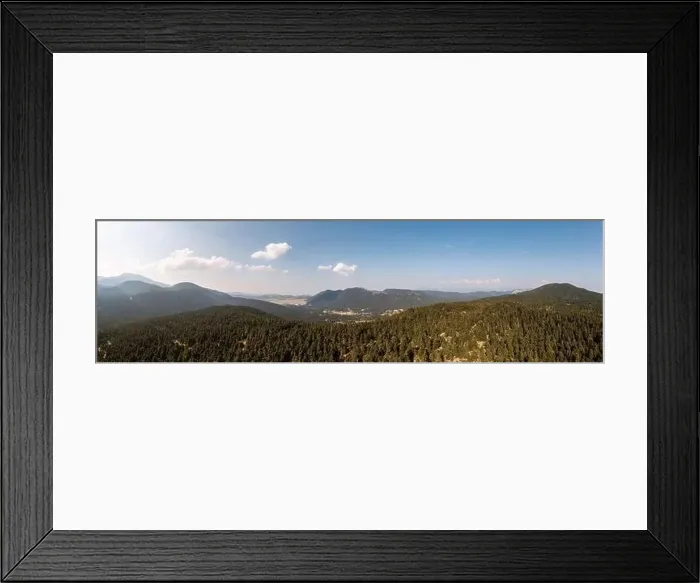 Framed Print : Fir forest landscape Parnassos Mountain wide panorama aerial drone view. Greece, Boeotia, blue sky Framed Print : Fir forest landscape Parnassos Mountain wide panorama aerial drone view. Greece, Boeotia, blue sky