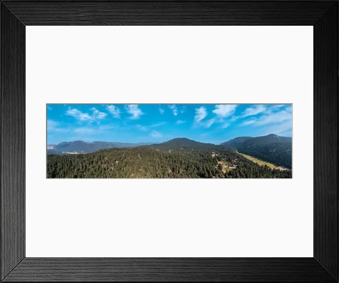 Framed Print : Mountain fir forest landscape panorama aerial drone view, blue sky Framed Print : Mountain fir forest landscape panorama aerial drone view, blue sky