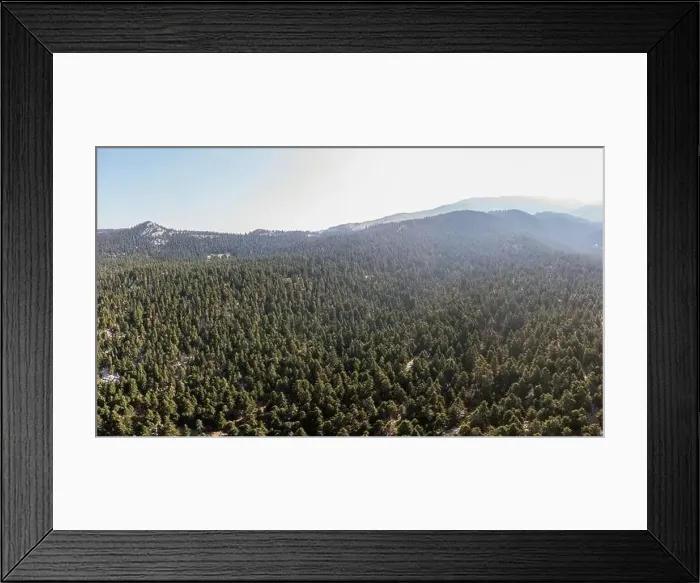 Framed Print : Fir forest landscape Parnassos Mountain aerial drone view, blue sky Framed Print : Fir forest landscape Parnassos Mountain aerial drone view, blue sky