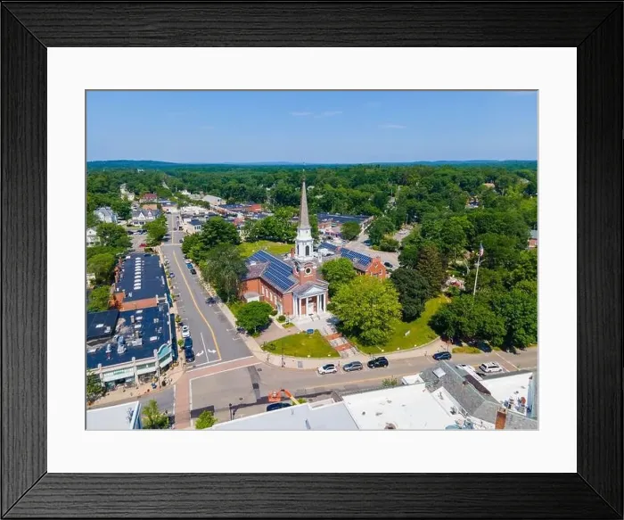 Framed Print : Aerial view of Wellesley Congregational Church and Central Street in town center of Wellesley, Massachusetts MA, USA