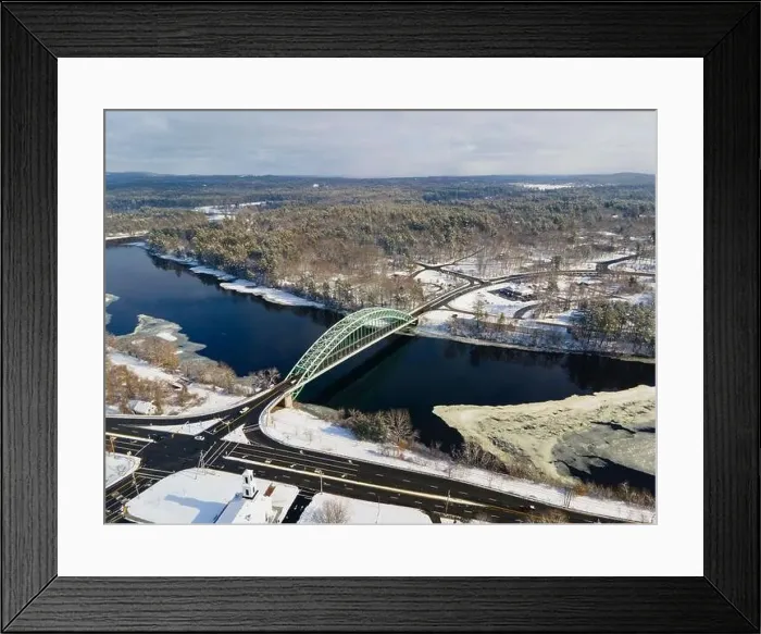 Framed Print : Merrimack River and Tyngsborough Bridge aerial view in winter in town center of Tyngsborough, Massachusetts MA, USA