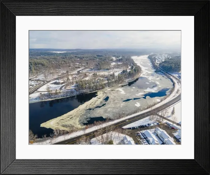 Framed Print : Merrimack River aerial view in winter in town center of Tyngsborough, Massachusetts MA, USA Framed Print : Merrimack River aerial view in winter in town center of Tyngsborough, Massachusetts MA, USA