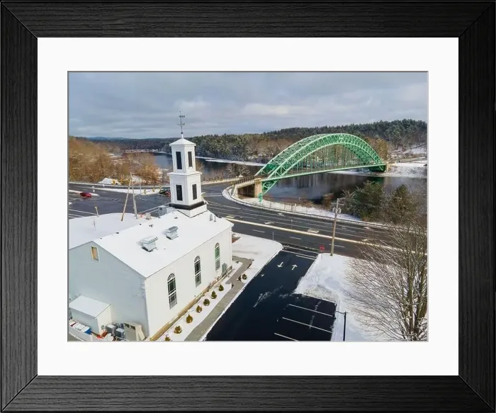 Framed Print : Historic Meeting House and Tyngsboro Bridge on Merrimack River aerial view in winter in town of Tyngsborough Framed Print : Historic Meeting House and Tyngsboro Bridge on Merrimack River aerial view in winter in town of Tyngsborough