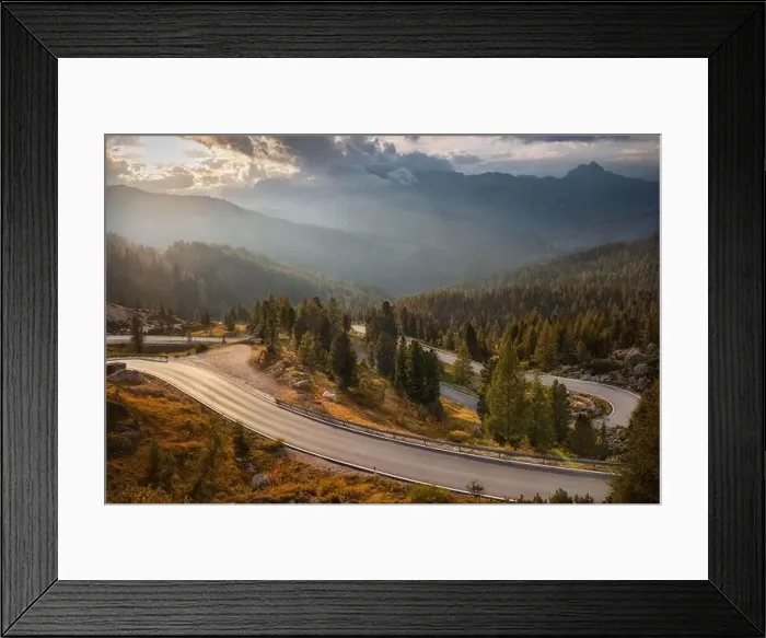 Framed Print : Aerial view of road at sunset in autumn. Drone view of highway in mountains in autumn evening in Italy Framed Print : Aerial view of road at sunset in autumn. Drone view of highway in mountains in autumn evening in Italy