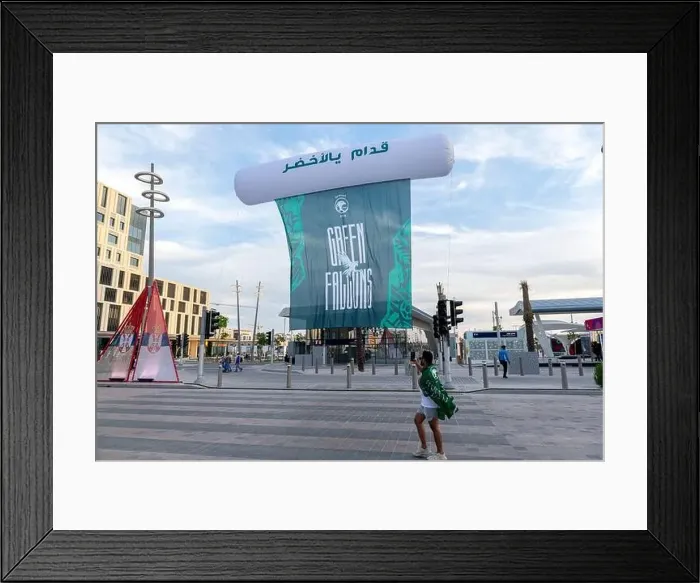 Framed Print : Saudi Falcon club Jersey installed in Lusail boulevard. Lusail Plaza 4 Tower Framed Print : Saudi Falcon club Jersey installed in Lusail boulevard. Lusail Plaza 4 Tower