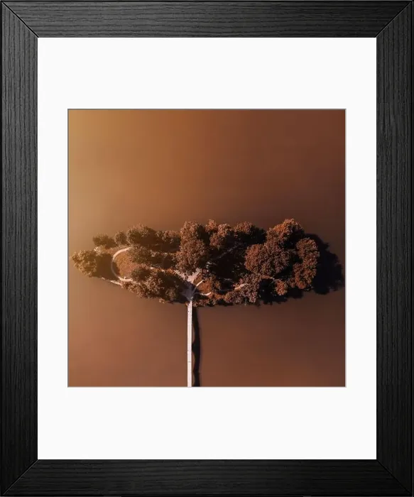 Framed Print : Top view of a couple of islands in the lake, photo of an autumn motif, a bridge across the lake to the island Framed Print : Top view of a couple of islands in the lake, photo of an autumn motif, a bridge across the lake to the island