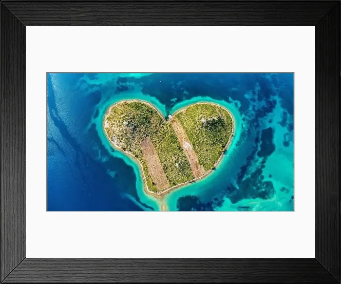Framed Print : Aerial view of the heart shaped Galesnjak island on the adriatic coast Framed Print : Aerial view of the heart shaped Galesnjak island on the adriatic coast