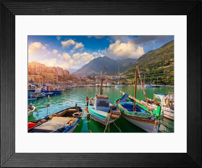 Framed Print : Sicilian port with fishing boats of Castellammare del Golfo village of Sicily