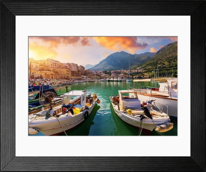 Framed Print : Sicilian port with fishing boats of Castellammare del Golfo village of Sicily Framed Print : Sicilian port with fishing boats of Castellammare del Golfo village of Sicily