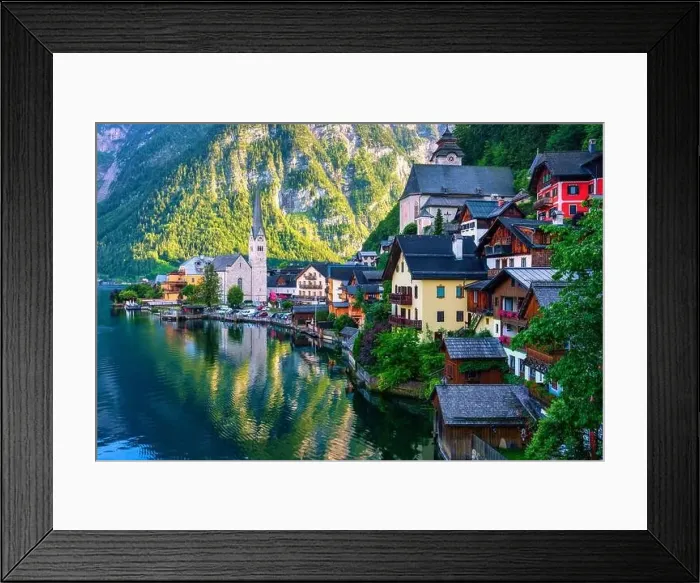 Framed Print : View of famous Hallstatt mountain village in the Austrian Alps at beautiful light in summer Framed Print : View of famous Hallstatt mountain village in the Austrian Alps at beautiful light in summer