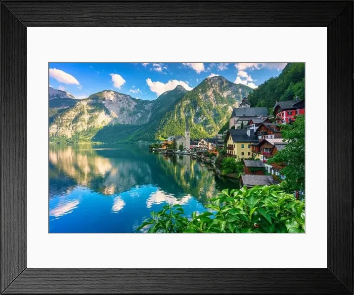 Framed Print : Scenic picture-postcard view of famous Hallstatt mountain village in the Austrian Alps Framed Print : Scenic picture-postcard view of famous Hallstatt mountain village in the Austrian Alps