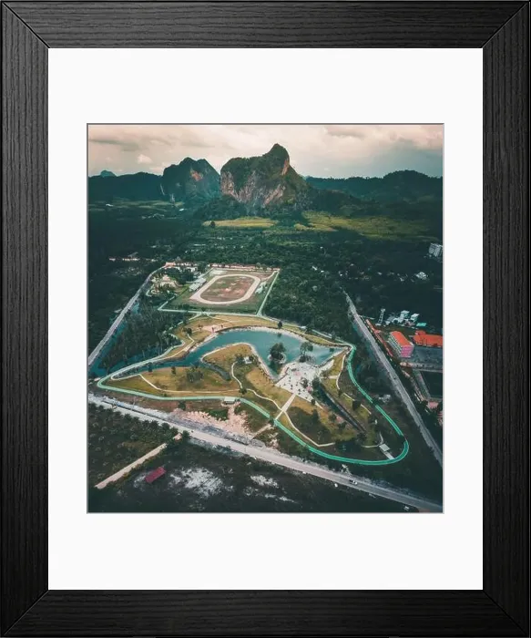 Framed Print : Aerial view of a park looking like a sword fish in Krabi, Thailand Framed Print : Aerial view of a park looking like a sword fish in Krabi, Thailand
