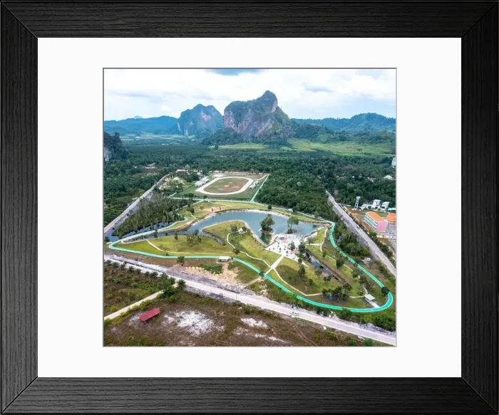 Framed Print : Aerial view of a park looking like a sword fish in Krabi, Thailand Framed Print : Aerial view of a park looking like a sword fish in Krabi, Thailand