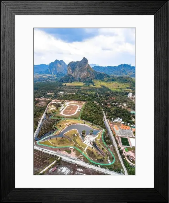 Framed Print : Aerial view of a park looking like a sword fish in Krabi, Thailand Framed Print : Aerial view of a park looking like a sword fish in Krabi, Thailand