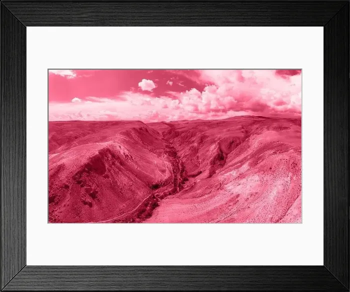 Framed Print : Trendy Color of the year 2023: Viva Magenta toned aerial drone view of eroded landform of Altai mountains Framed Print : Trendy Color of the year 2023: Viva Magenta toned aerial drone view of eroded landform of Altai mountains