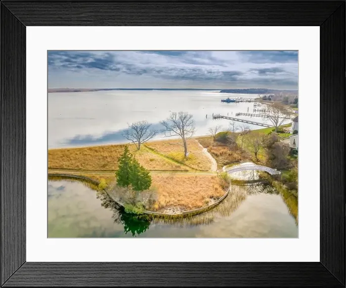 Framed Print : Aerial view of the Smith-Ransome Japanese bridge in Shelter Island, NY Framed Print : Aerial view of the Smith-Ransome Japanese bridge in Shelter Island, NY