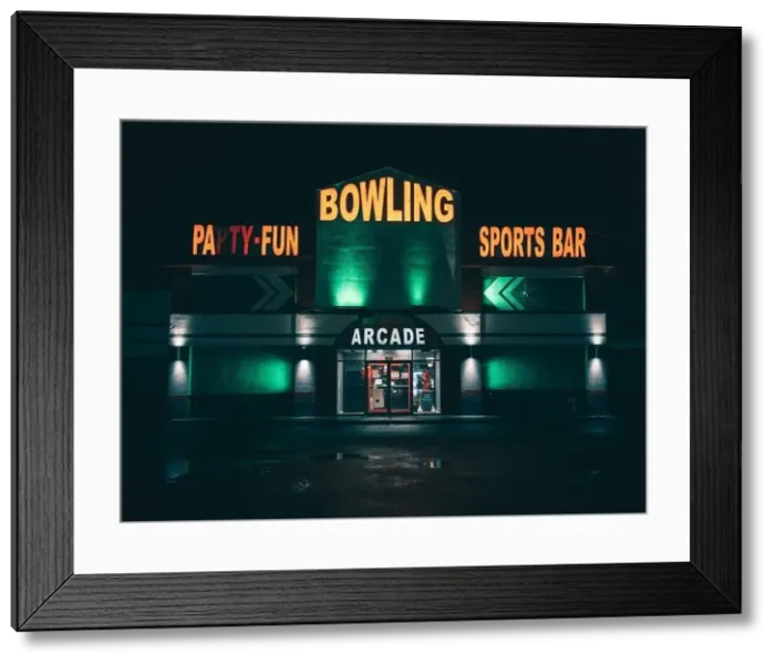 Framed Print : Bowling alley signs at night, Massapequa, New York Framed Print : Bowling alley signs at night, Massapequa, New York