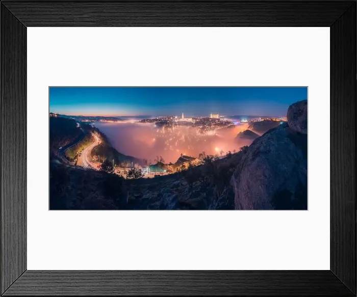 Framed Print : From above amazing scenery of illuminated ancient Alcazar de Toledo castle over town in misty twilight Framed Print : From above amazing scenery of illuminated ancient Alcazar de Toledo castle over town in misty twilight