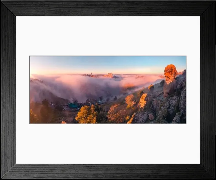 Framed Print : From above wonderful landscape of medieval castle built over city in misty colorful sunrise surrounded by clouds Framed Print : From above wonderful landscape of medieval castle built over city in misty colorful sunrise surrounded by clouds