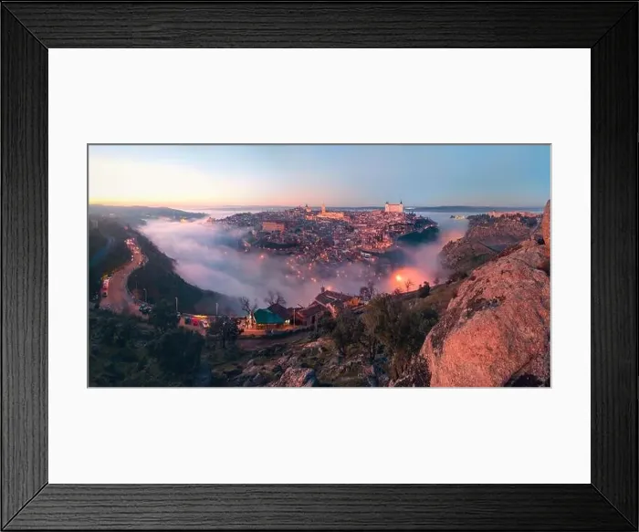 Framed Print : From above amazing scenery of illuminated ancient Alcazar de Toledo castle over town in misty twilight Framed Print : From above amazing scenery of illuminated ancient Alcazar de Toledo castle over town in misty twilight