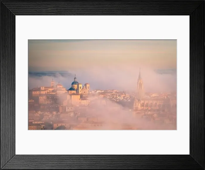 Framed Print : From above wonderful landscape of medieval castle built over city in misty colorful sunrise surrounded by clouds Framed Print : From above wonderful landscape of medieval castle built over city in misty colorful sunrise surrounded by clouds