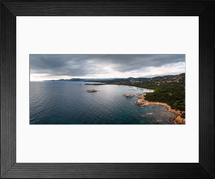 Framed Print : panorama drone view of Palombaggia Beach and hilly coastline in southeastern Corsica Framed Print : panorama drone view of Palombaggia Beach and hilly coastline in southeastern Corsica