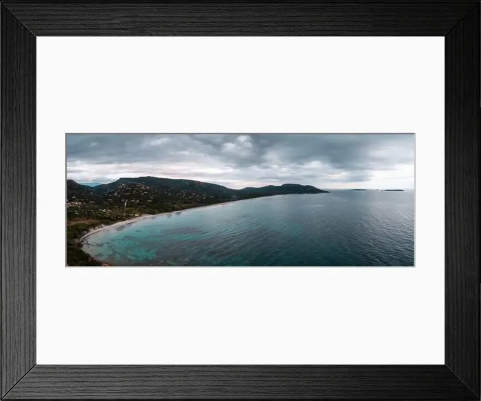 Framed Print : panorama drone view of Palombaggia Beach and hilly coastline in southeastern Corsica Framed Print : panorama drone view of Palombaggia Beach and hilly coastline in southeastern Corsica