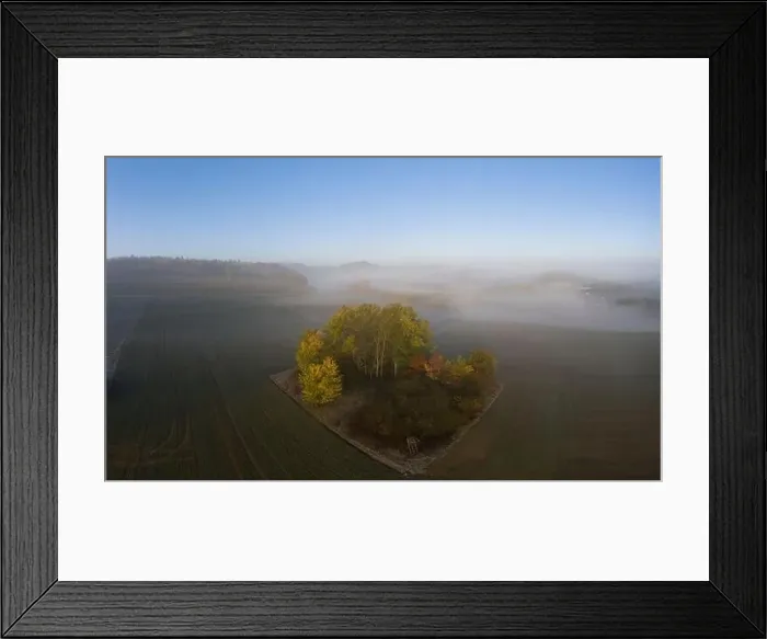 Framed Print : Drone image of morning ground fog over fields in the German province of North Hesse near the village of Rhoden in autumn