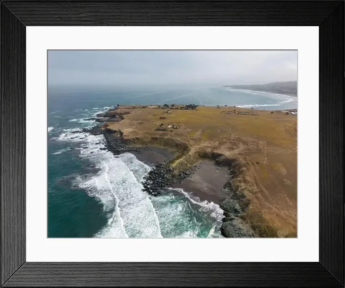 Framed Print : Aerial shot of the pacific ocean, beach and the bay La Pancora at Pichilemu, Chile Framed Print : Aerial shot of the pacific ocean, beach and the bay La Pancora at Pichilemu, Chile