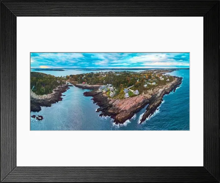 Framed Print : Stunning wide panorama over Maine rocky coastline from drone Framed Print : Stunning wide panorama over Maine rocky coastline from drone